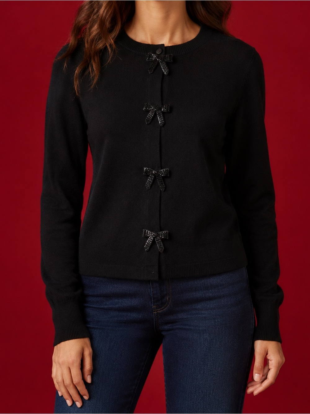 EXPRESS Large Black, Bugle Beaded Bow Crewneck Snap Front Cardigan NWT 🌹🖤🌹